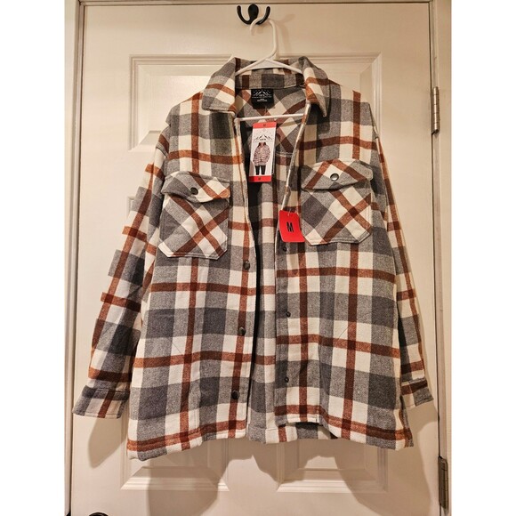 Flannel Shirt Jacket Women's Medium New w/ Tags HFX Brown Tan Grey Snap Buttons - Picture 1 of 6